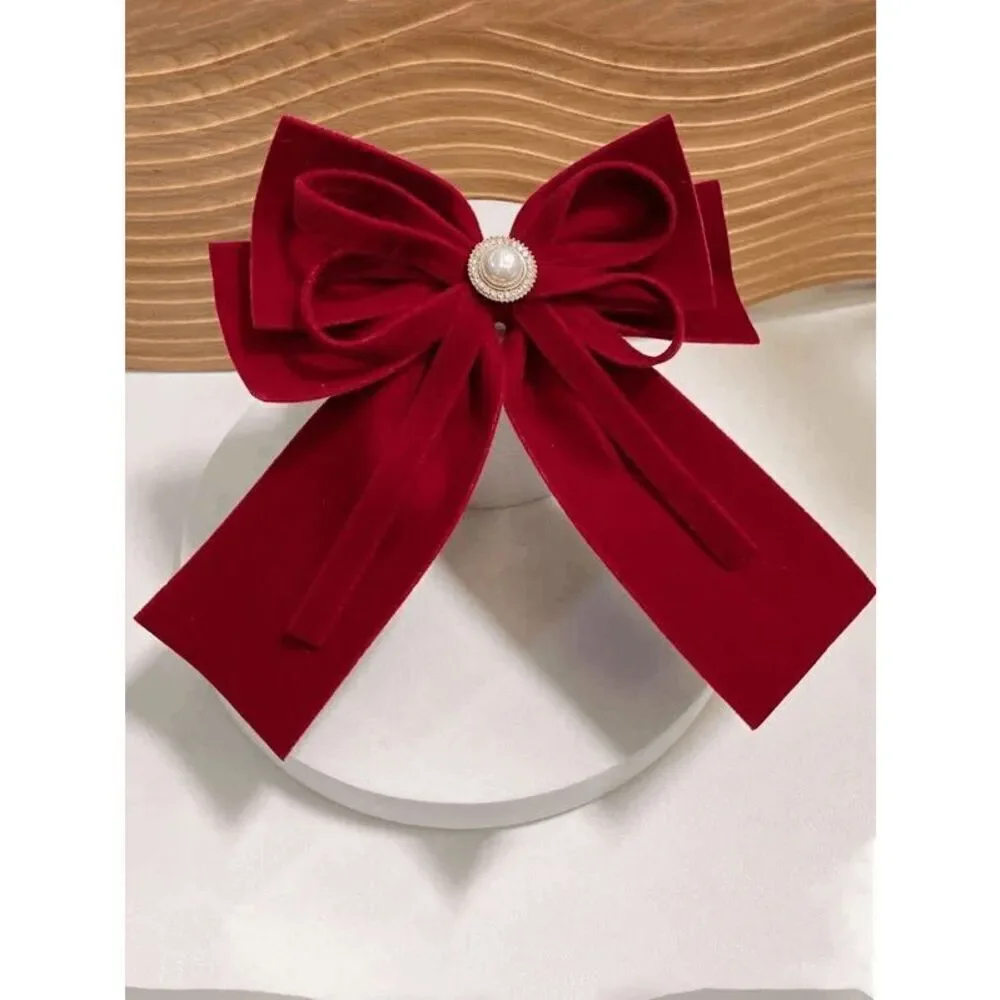 🎀 Red Velvet Pearl Accent Big Bow Hair Accessories Barrette Clip NEW